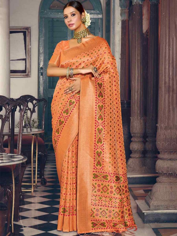 Orange Patola Silk Handwoven Wedding Festival Heavy Border Saree
