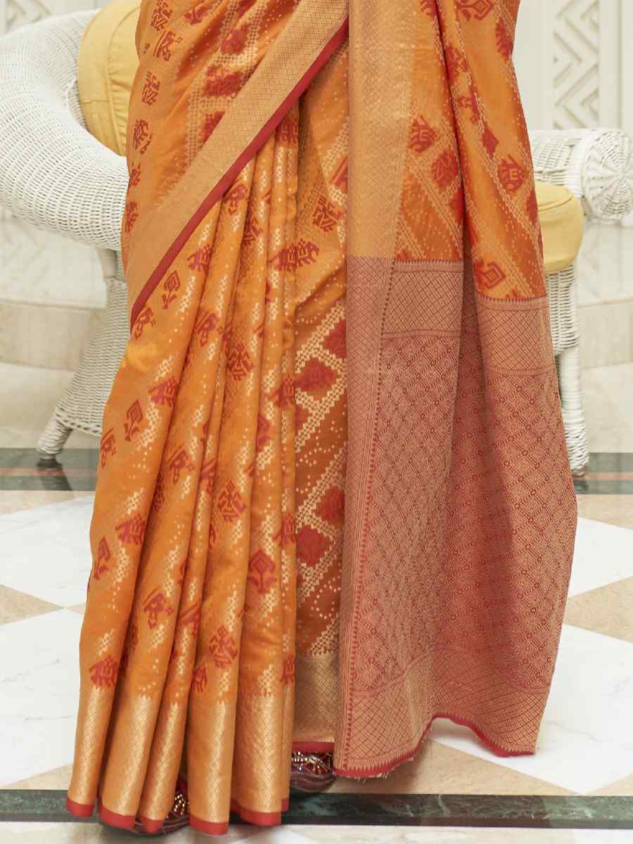 Orange Patola Silk Handwoven Wedding Festival Heavy Border Saree