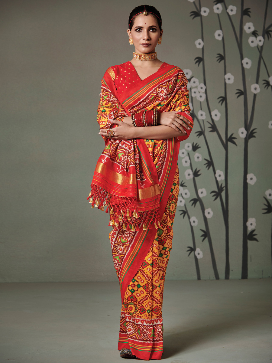 Orange Patola Silk Printed Casual Festival Classic Style Saree