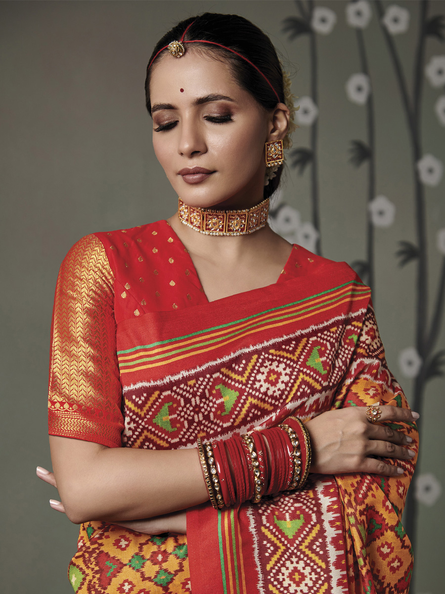 Orange Patola Silk Printed Casual Festival Classic Style Saree