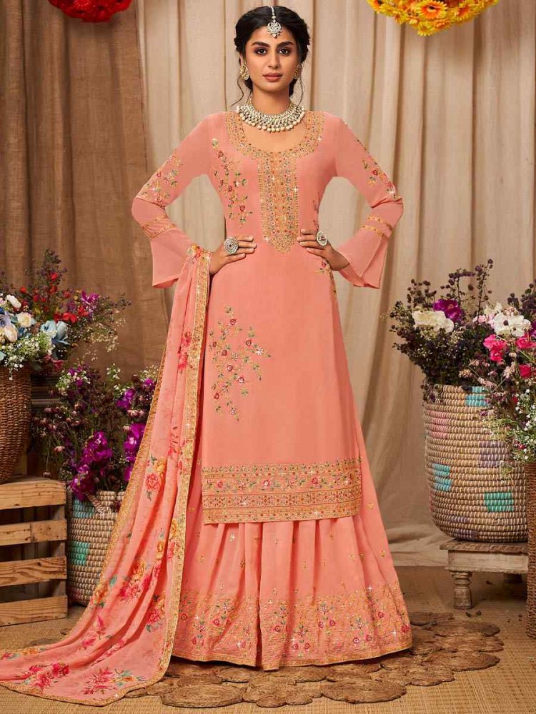 Orange Peach Heavy Faux Georgette Embroidered Bridesmaid Wedding Kurti Lehenga Choli
