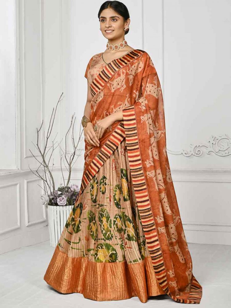 Orange Peach Pure Silk Printed Mehendi Festival Circular Lehenga Choli