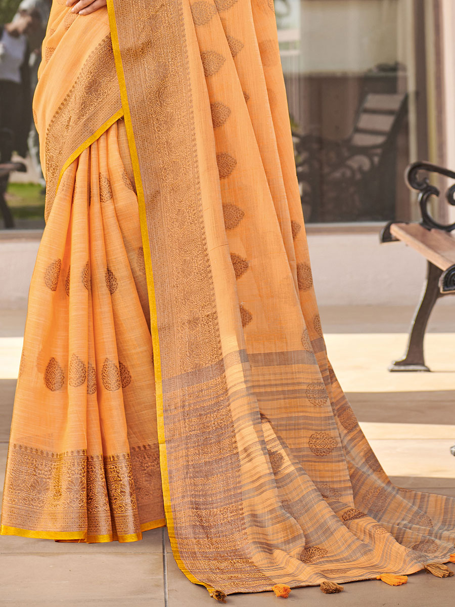 Orange Peel Cotton Handwoven Festival Saree
