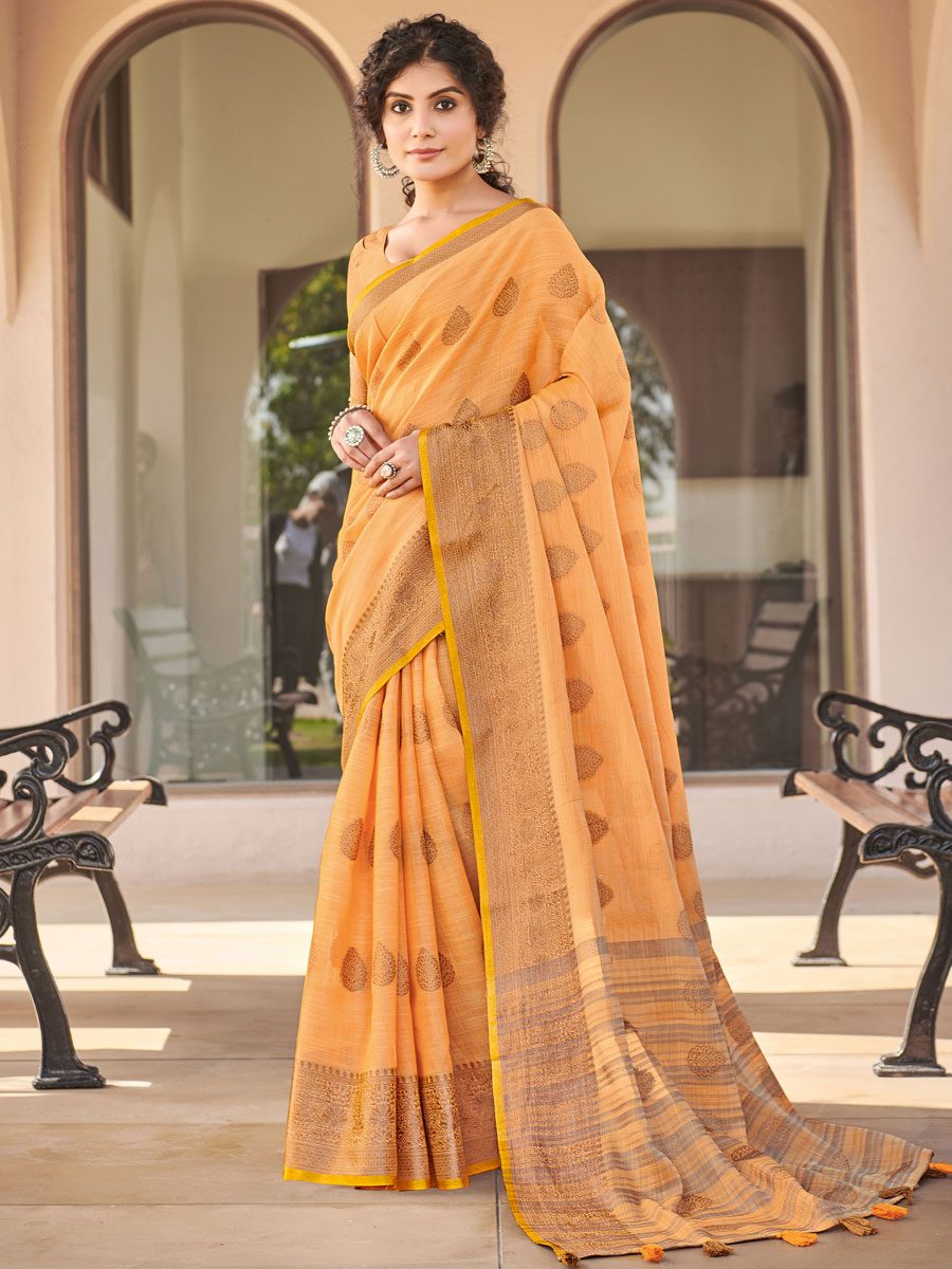 Orange Peel Cotton Handwoven Festival Saree