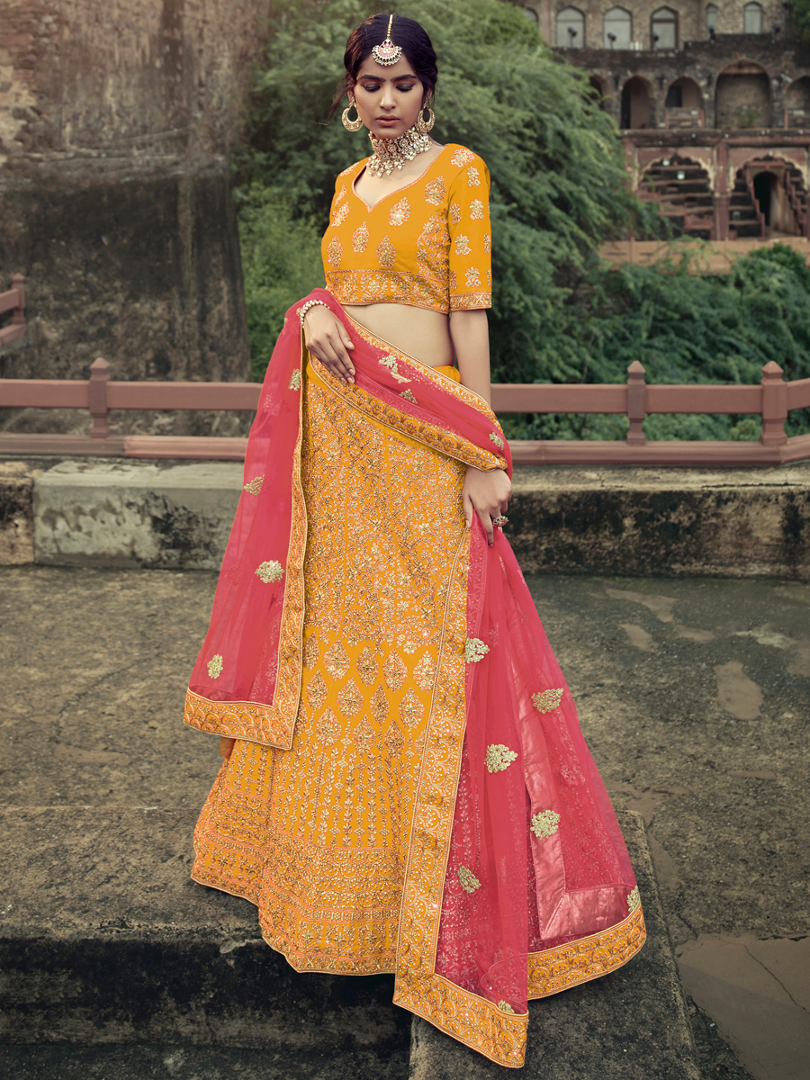 Orange Peel Satin Embroidered Bridal Lehenga Choli