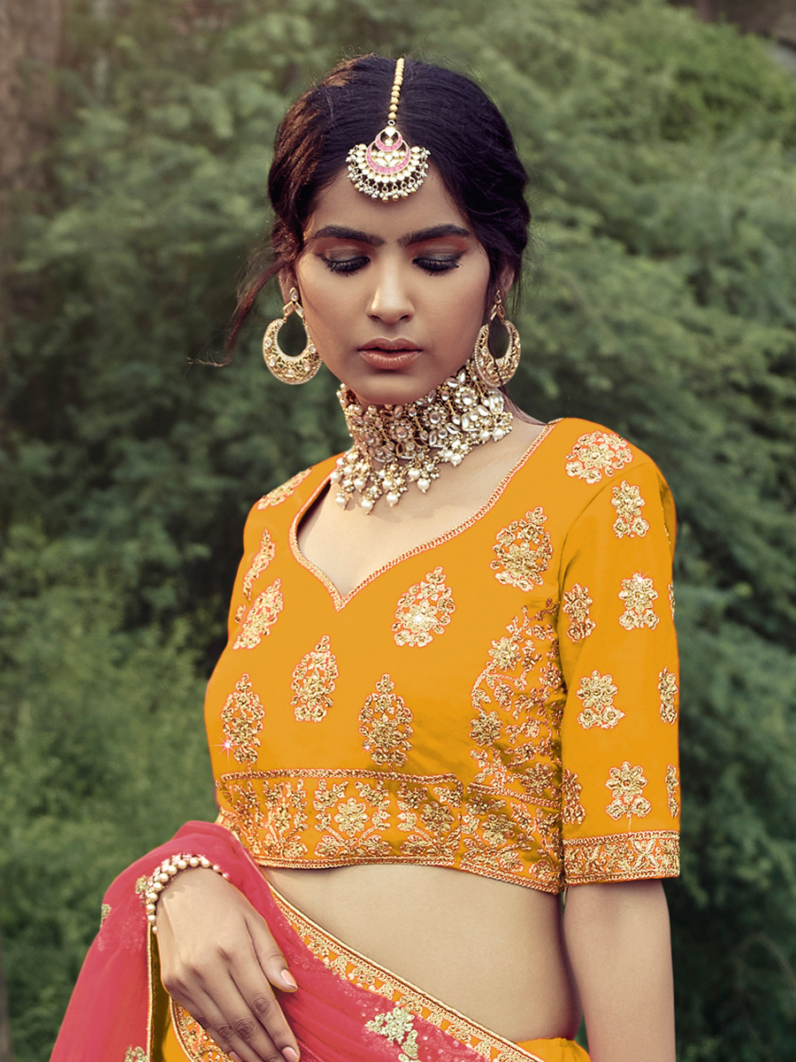 Orange Peel Satin Embroidered Bridal Lehenga Choli