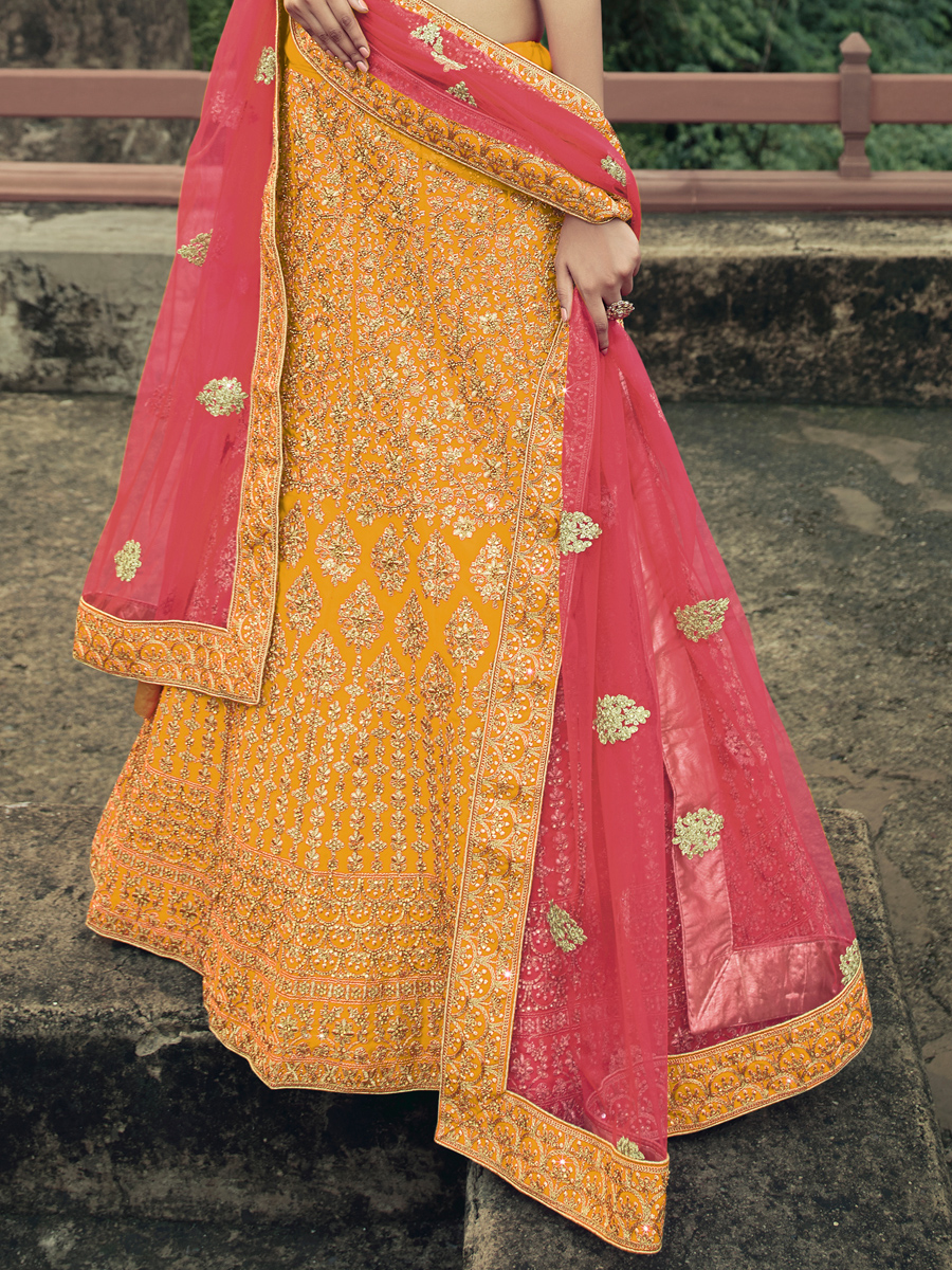 Orange Peel Satin Embroidered Bridal Lehenga Choli