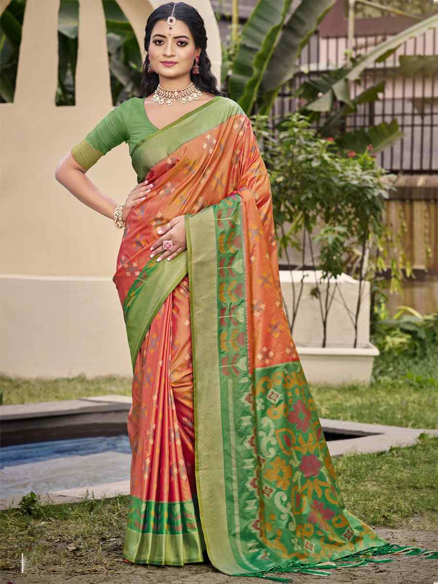 Orange Pochampalli Silk Handwoven Festival Wedding Fancy Heavy Border Saree