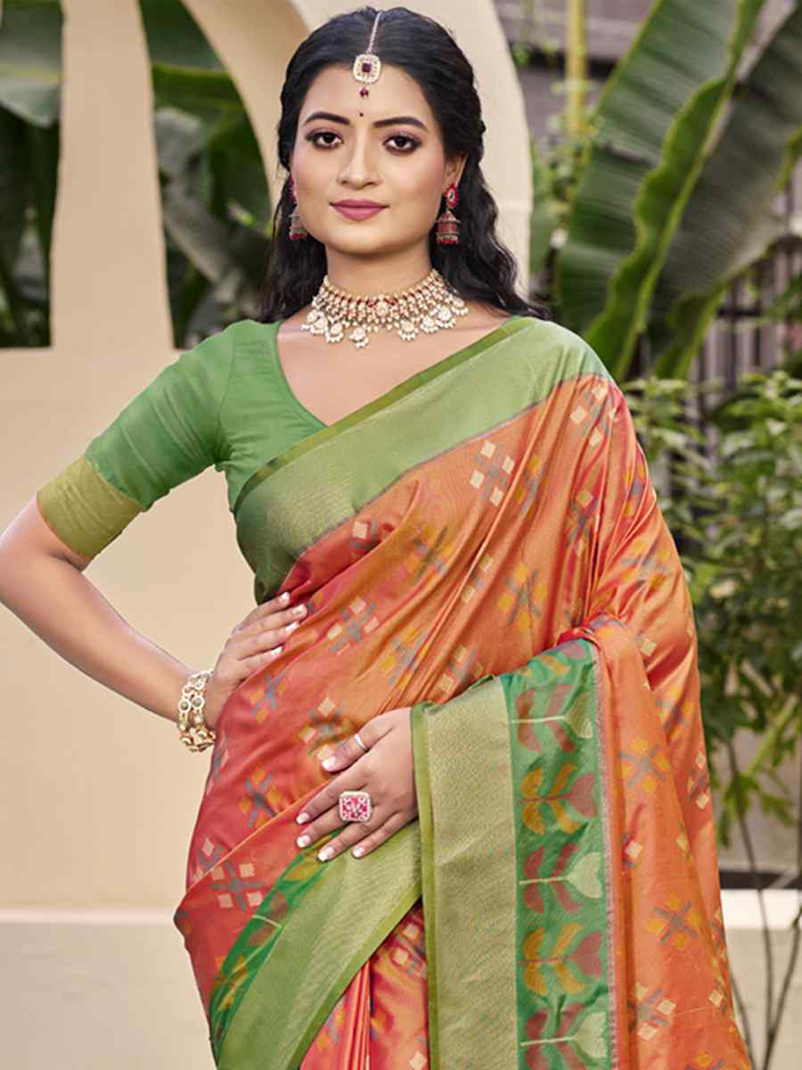Orange Pochampalli Silk Handwoven Festival Wedding Fancy Heavy Border Saree