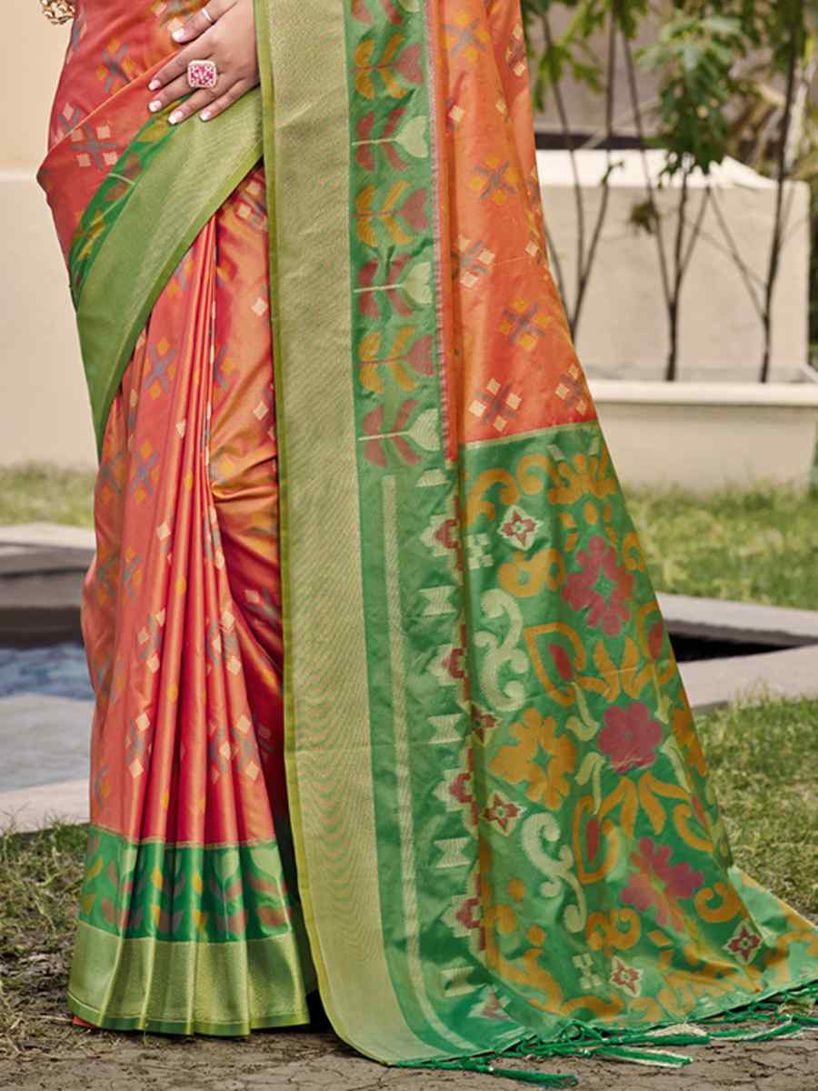Orange Pochampalli Silk Handwoven Festival Wedding Fancy Heavy Border Saree