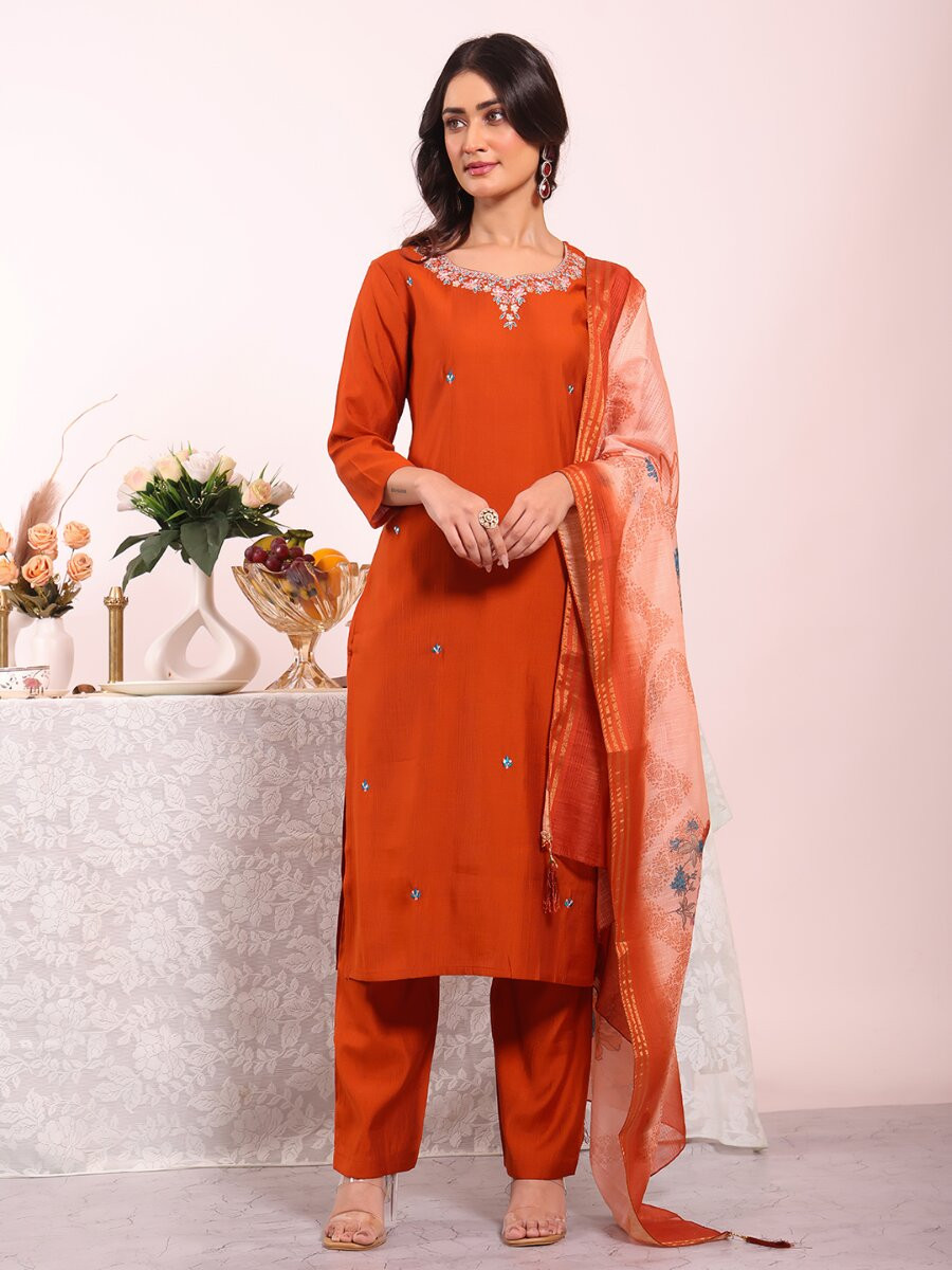 Orange Poly Silk Embroidery Sequins Wedding Party Festival Casual Ready Pant Salwar Kameez