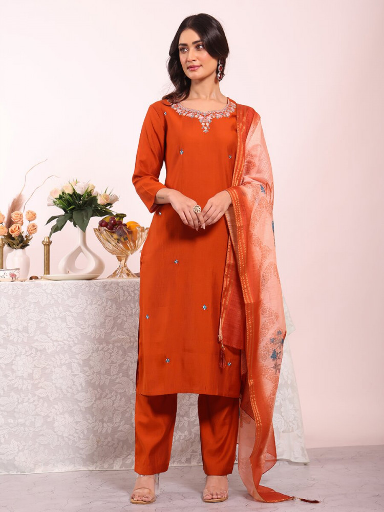 Image of Orange Poly Silk Embroidery Sequins Wedding Party Festival Casual Ready Pant Salwar Kameez