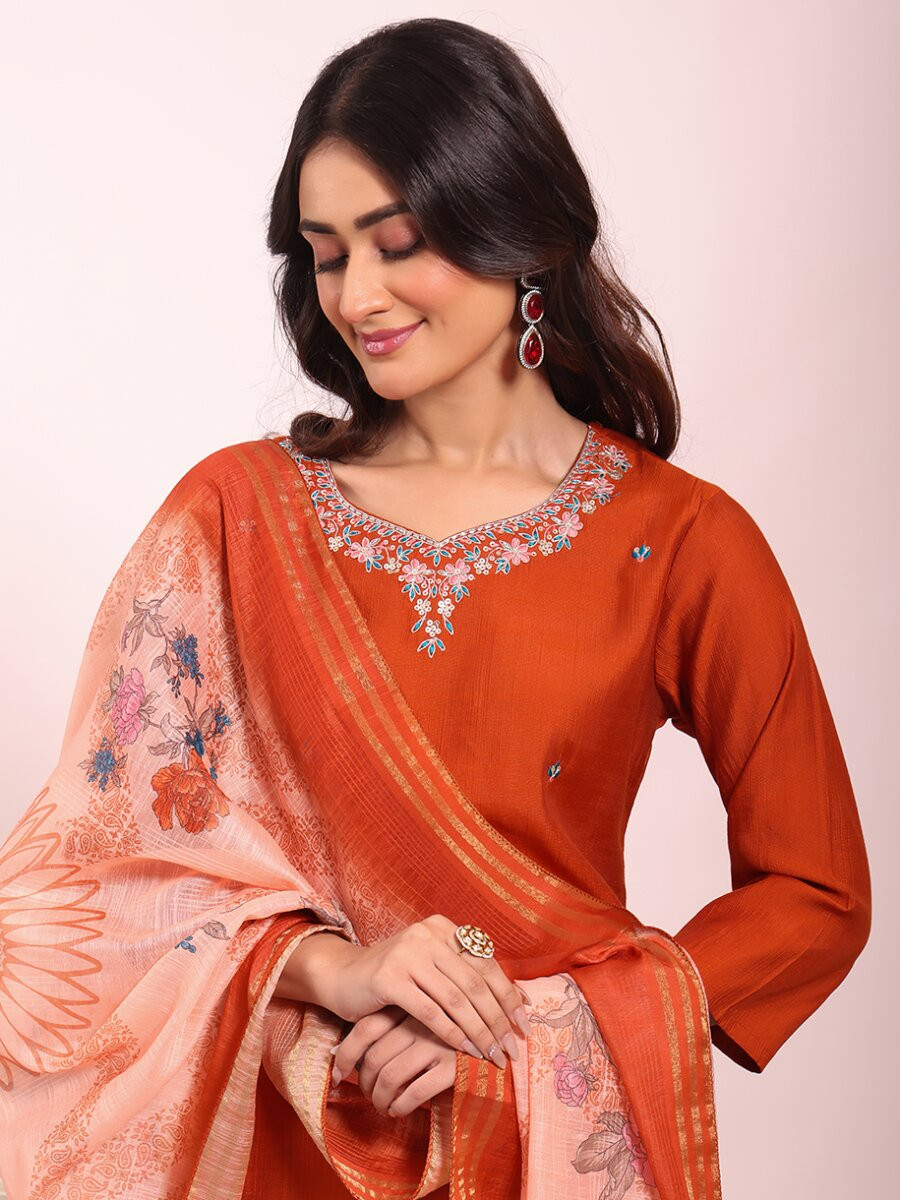 Orange Poly Silk Embroidery Sequins Wedding Party Festival Casual Ready Pant Salwar Kameez
