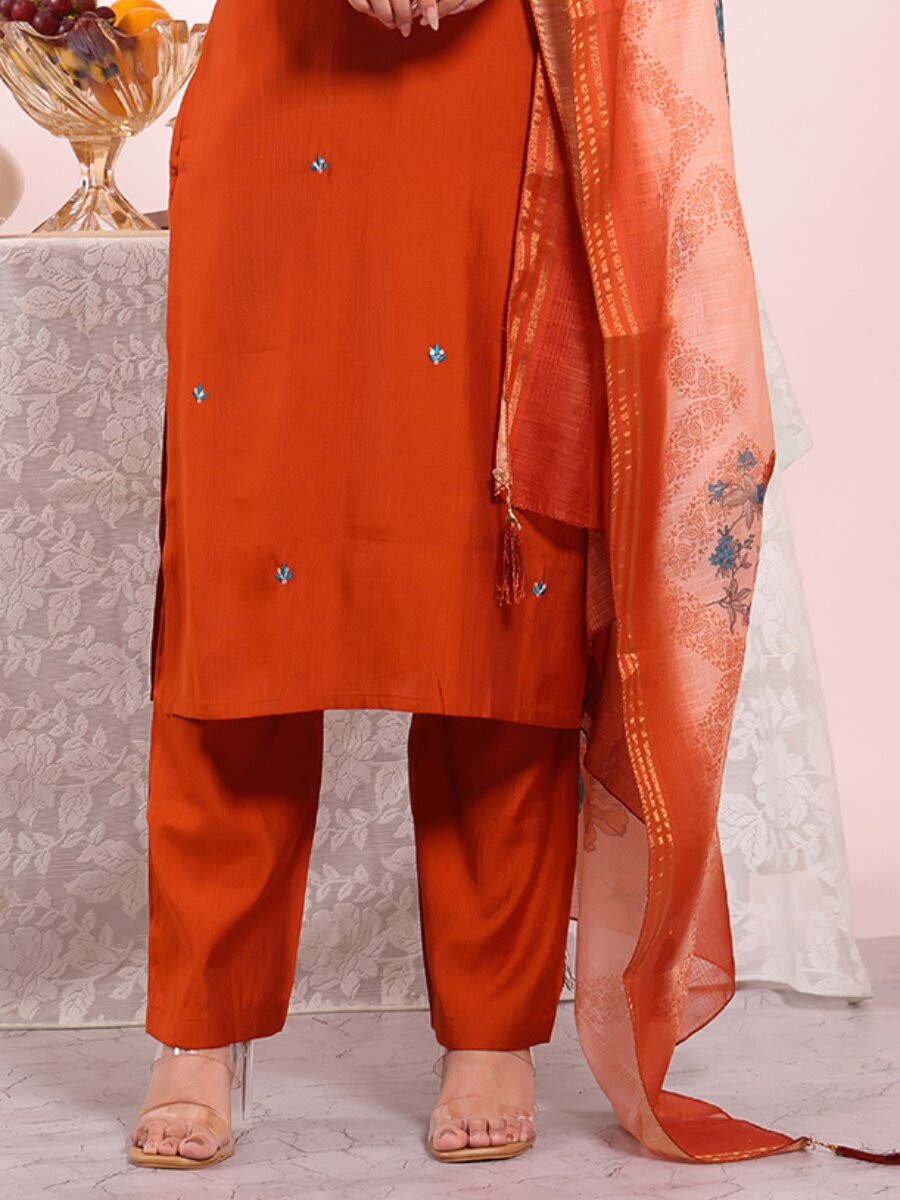 Orange Poly Silk Embroidery Sequins Wedding Party Festival Casual Ready Pant Salwar Kameez
