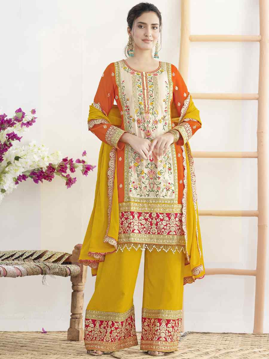 Orange Premium Finest Chinnon Embroidery Party Wedding Festival Casual Ready Palazzo Pant Salwar Kameez