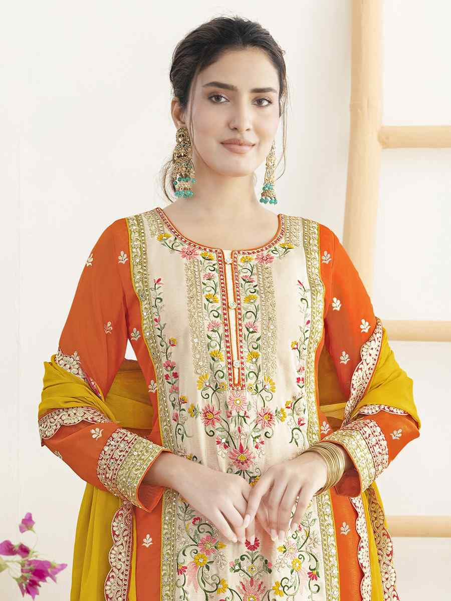 Orange Premium Finest Chinnon Embroidery Party Wedding Festival Casual Ready Palazzo Pant Salwar Kameez