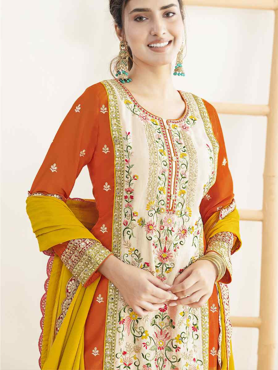 Orange Premium Finest Chinnon Embroidery Party Wedding Festival Casual Ready Palazzo Pant Salwar Kameez