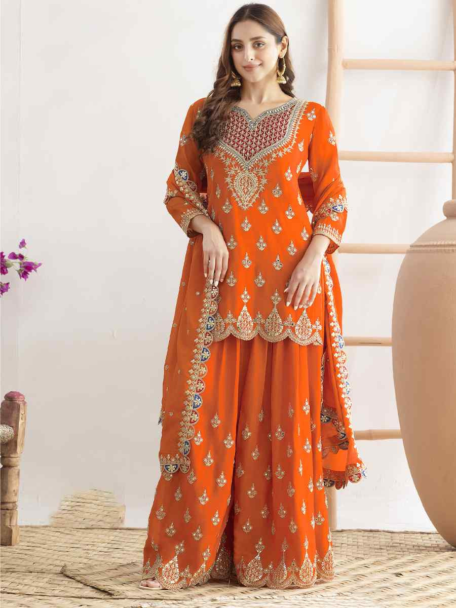 Orange Premium Finest Chinon Embroidery Party Wedding Festival Casual Ready Palazzo Pant Salwar Kameez