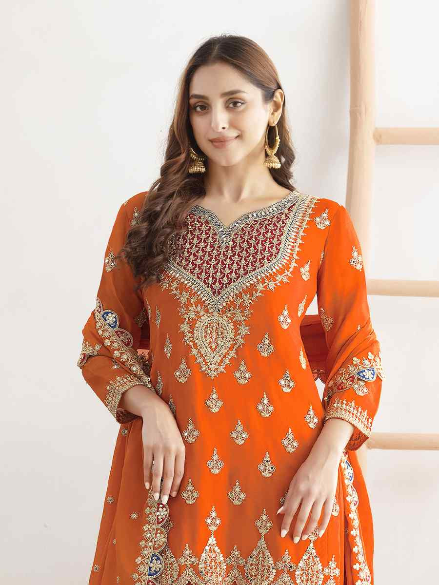 Orange Premium Finest Chinon Embroidery Party Wedding Festival Casual Ready Palazzo Pant Salwar Kameez