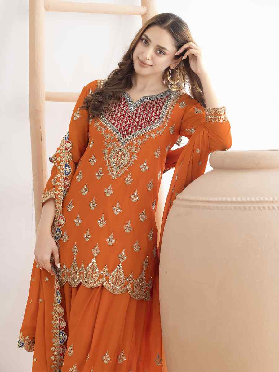 Orange Premium Finest Chinon Embroidery Party Wedding Festival Casual Ready Palazzo Pant Salwar Kameez