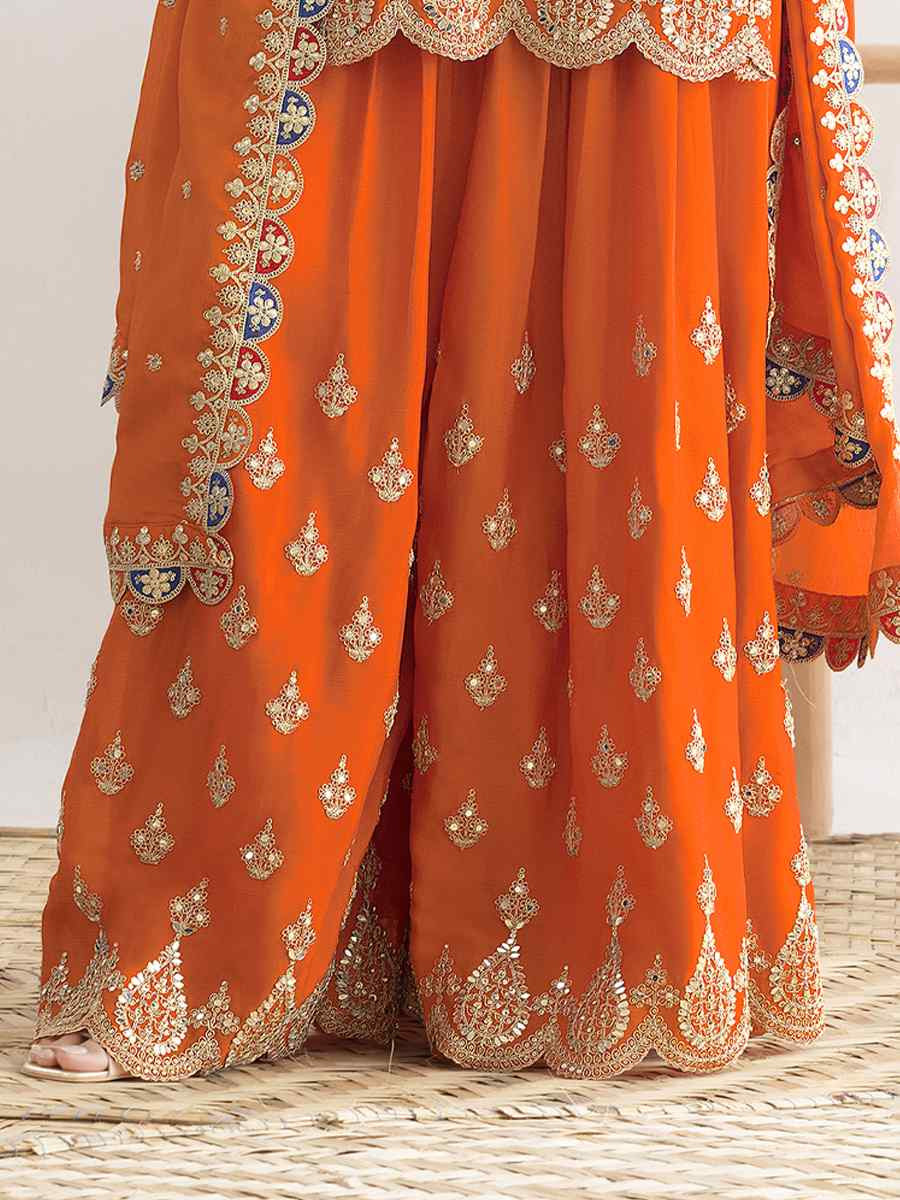 Orange Premium Finest Chinon Embroidery Party Wedding Festival Casual Ready Palazzo Pant Salwar Kameez