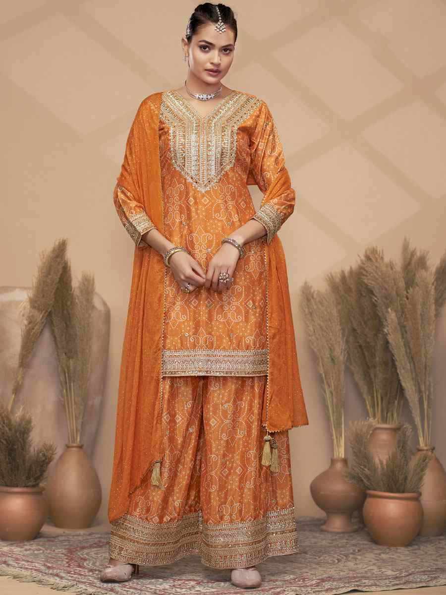 Orange Premium  Finest Chinon Printed Embroidery Party Wedding Festival Casual Ready Palazzo Pant Salwar Kameez