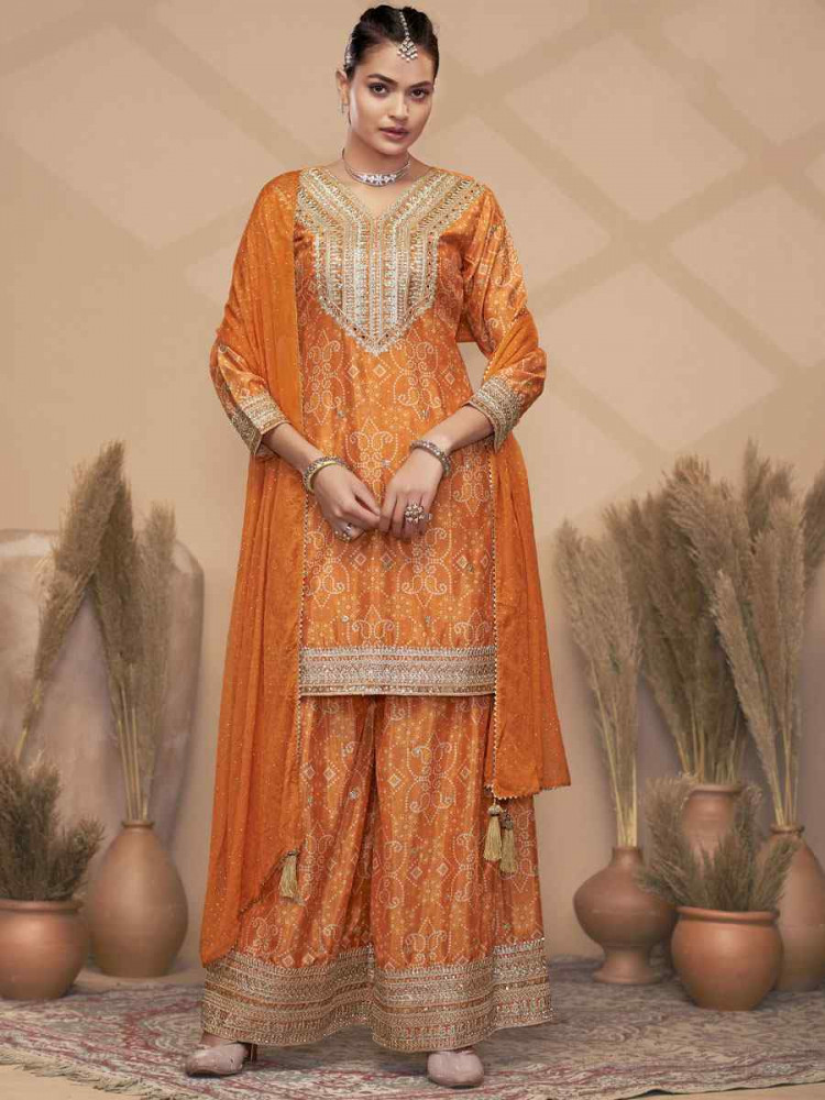 Image of Orange Premium &amp; Finest Chinon Printed Embroidery Party Wedding Festival Casual Ready Palazzo Pant Salwar Kameez