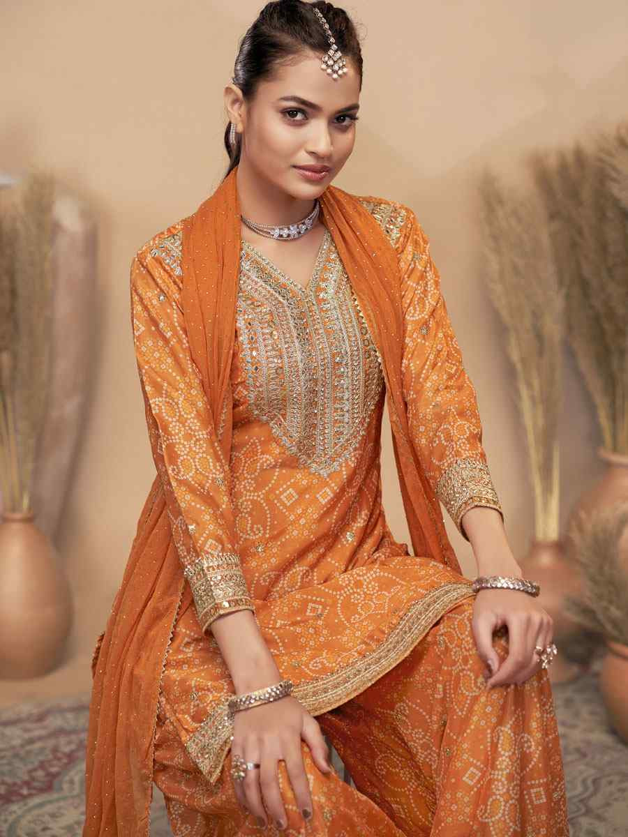 Orange Premium Finest Chinon Printed Embroidery Party Wedding Festival Casual Ready Palazzo Pant Salwar Kameez