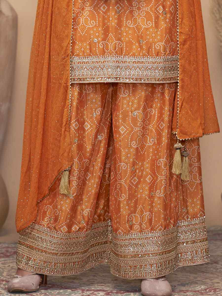 Orange Premium Finest Chinon Printed Embroidery Party Wedding Festival Casual Ready Palazzo Pant Salwar Kameez