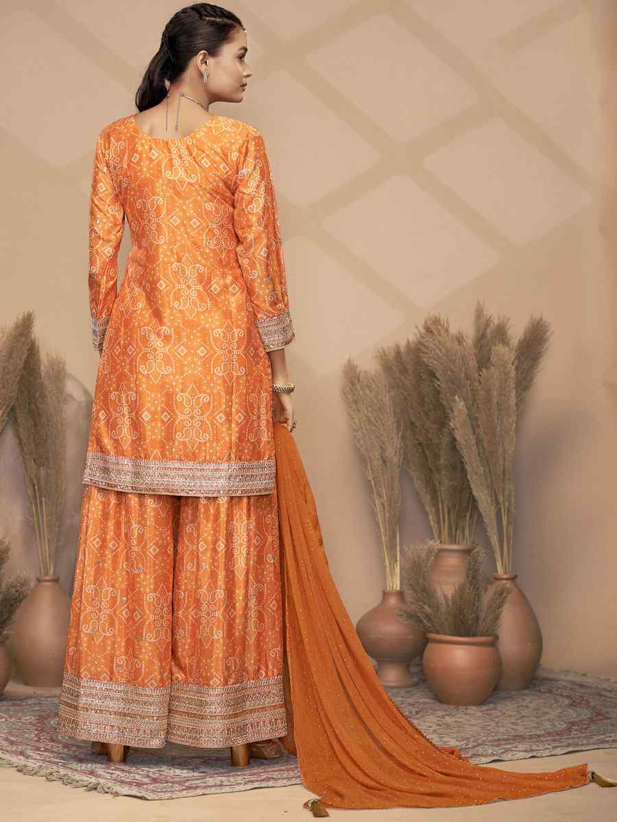 Orange Premium Finest Chinon Printed Embroidery Party Wedding Festival Casual Ready Palazzo Pant Salwar Kameez