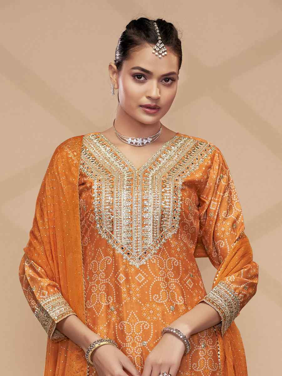 Orange Premium Finest Chinon Printed Embroidery Party Wedding Festival Casual Ready Palazzo Pant Salwar Kameez