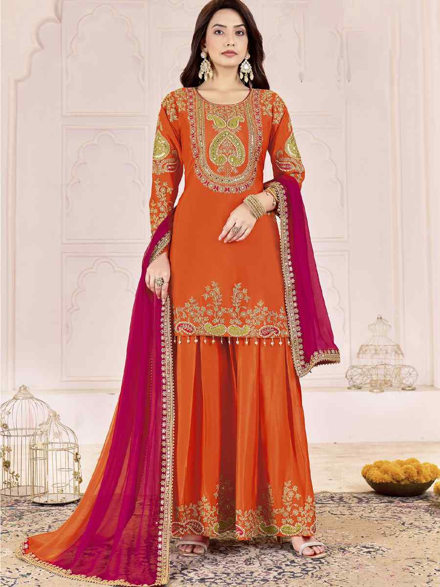 Orange Premium Chinnon Embroidery Party Wedding Festival Casual Ready Palazzo Pant Salwar Kameez