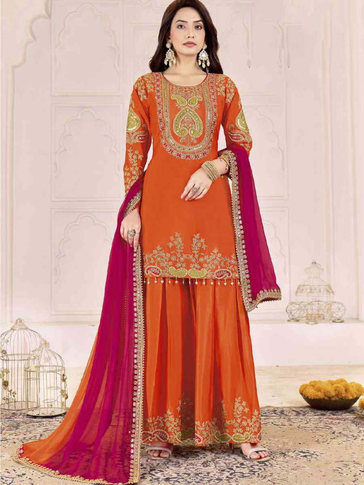 Image of Orange Premium Chinnon Embroidery Party Wedding Festival Casual Ready Palazzo Pant Salwar Kameez