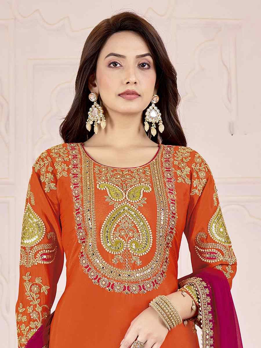 Orange Premium Chinnon Embroidery Party Wedding Festival Casual Ready Palazzo Pant Salwar Kameez