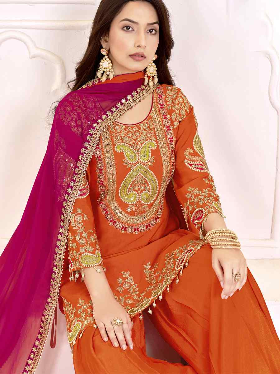 Orange Premium Chinnon Embroidery Party Wedding Festival Casual Ready Palazzo Pant Salwar Kameez