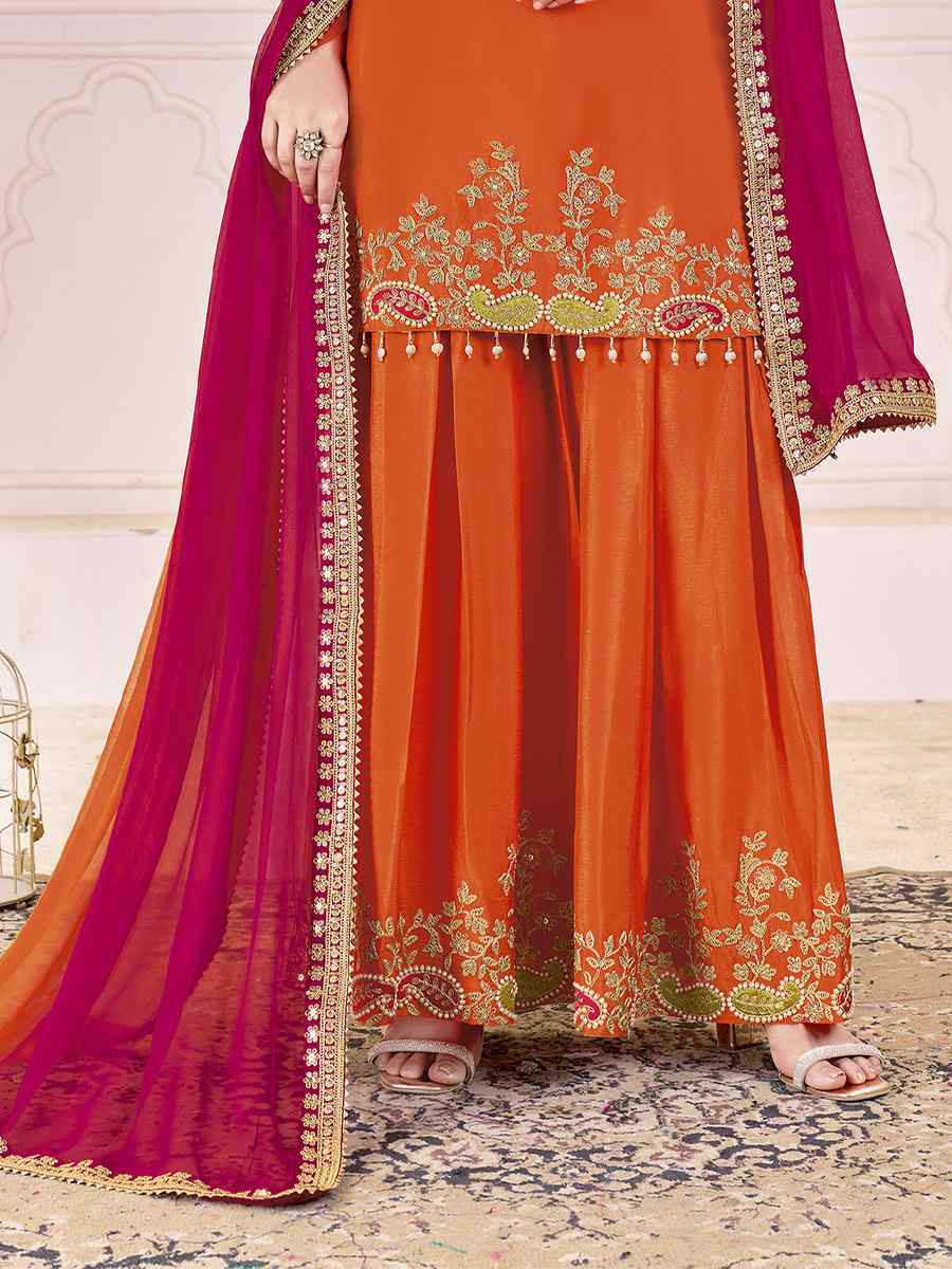 Orange Premium Chinnon Embroidery Party Wedding Festival Casual Ready Palazzo Pant Salwar Kameez