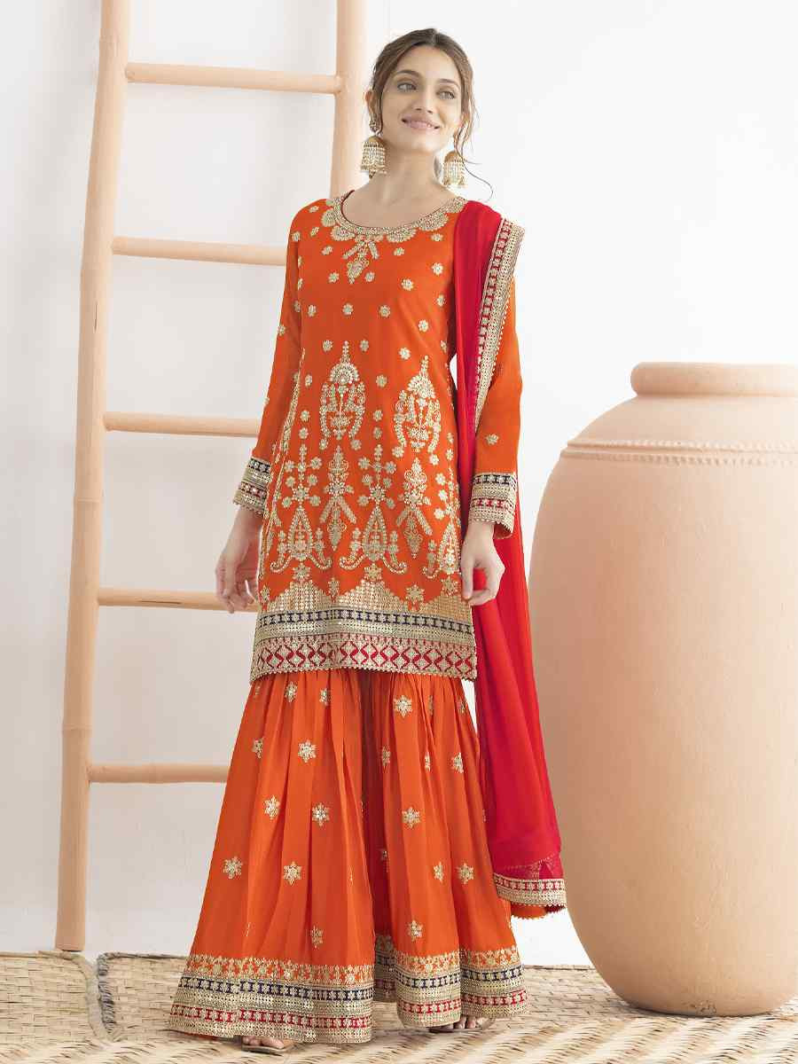 Orange Premium Chinon Embroidery Party Wedding Festival Casual Ready Sharara Pant Salwar Kameez