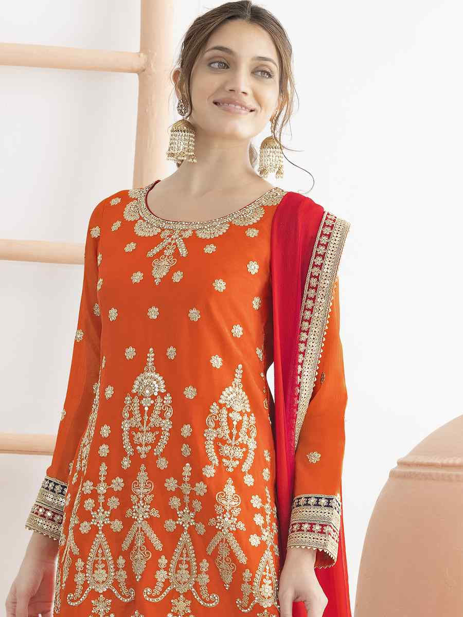 Orange Premium Chinon Embroidery Party Wedding Festival Casual Ready Sharara Pant Salwar Kameez