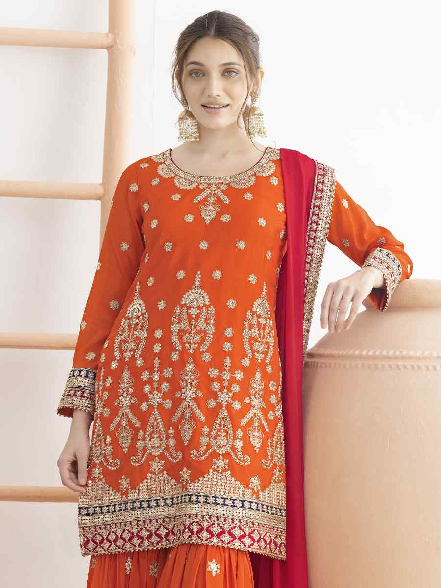 Orange Premium Chinon Embroidery Party Wedding Festival Casual Ready Sharara Pant Salwar Kameez