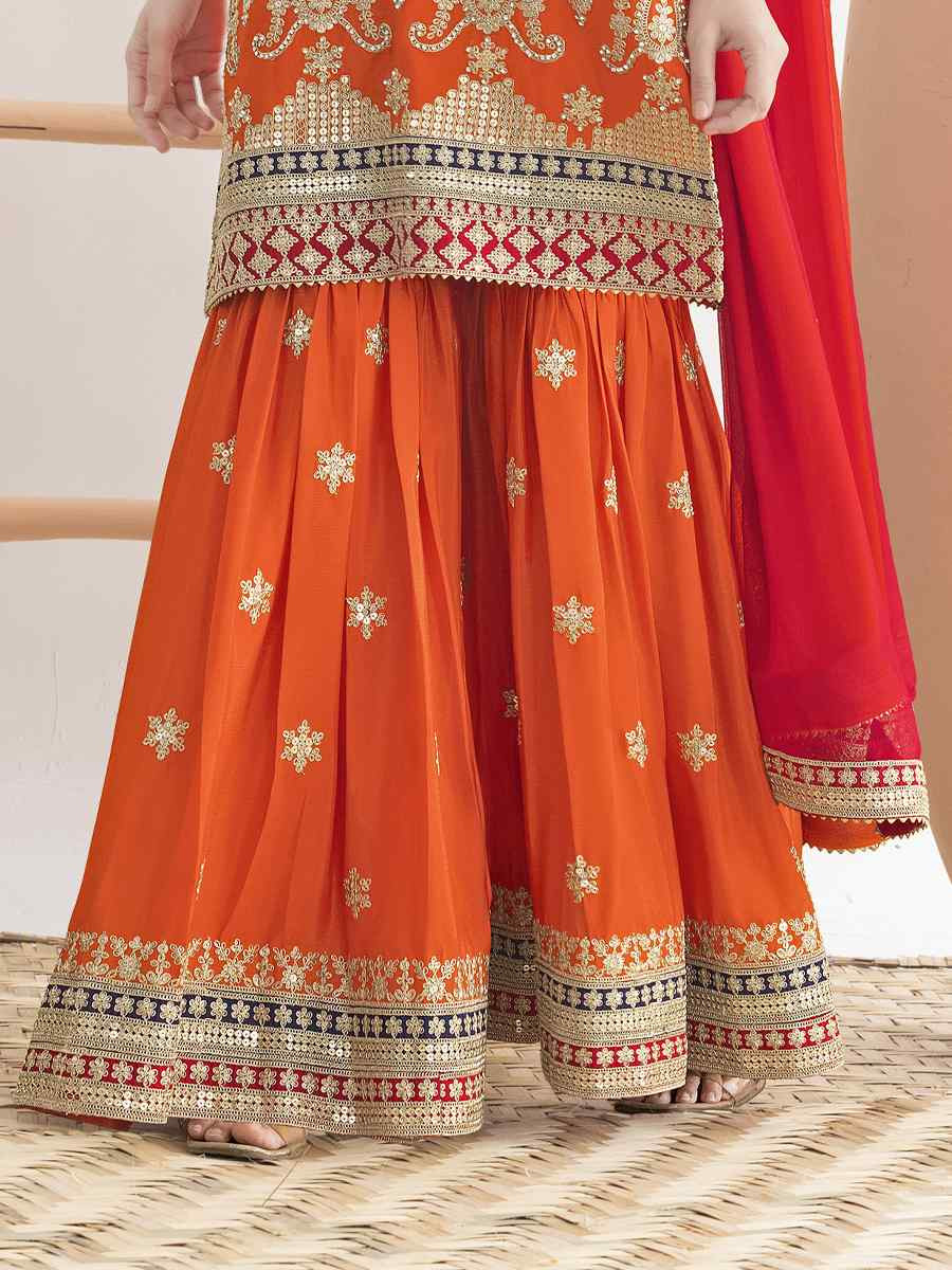 Orange Premium Chinon Embroidery Party Wedding Festival Casual Ready Sharara Pant Salwar Kameez