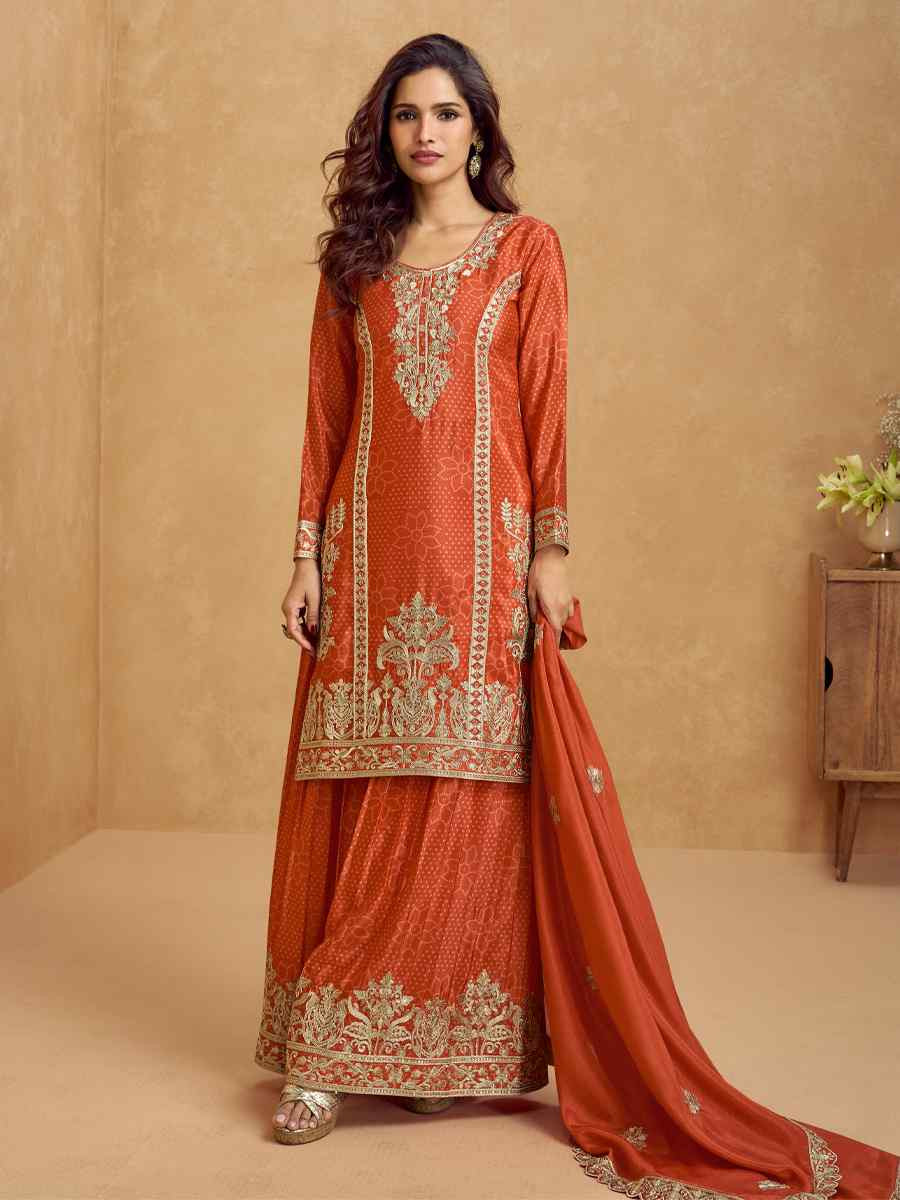 Orange Premium Chinon Silk Embroidered Festival Wedding Ready Sharara Pant Salwar Kameez