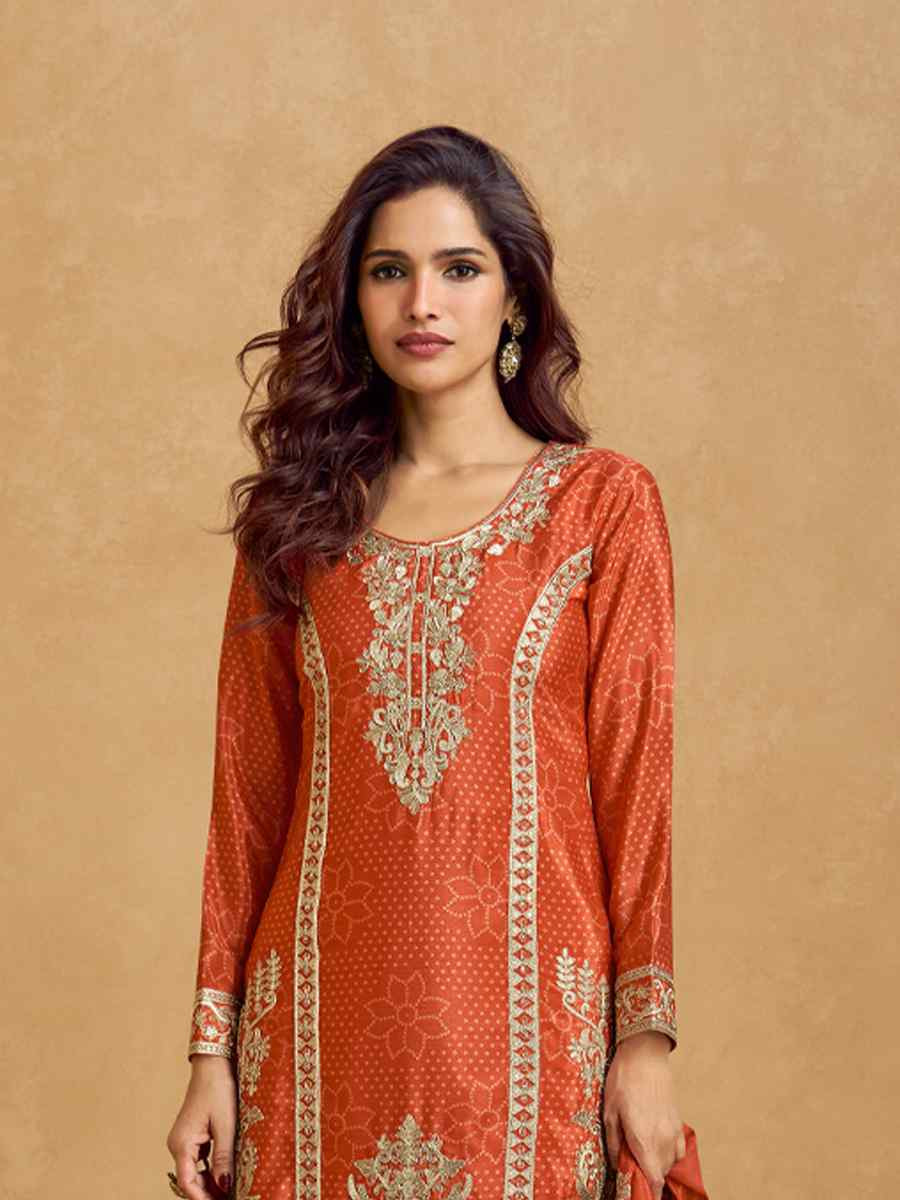 Orange Premium Chinon Silk Embroidered Festival Wedding Ready Sharara Pant Salwar Kameez