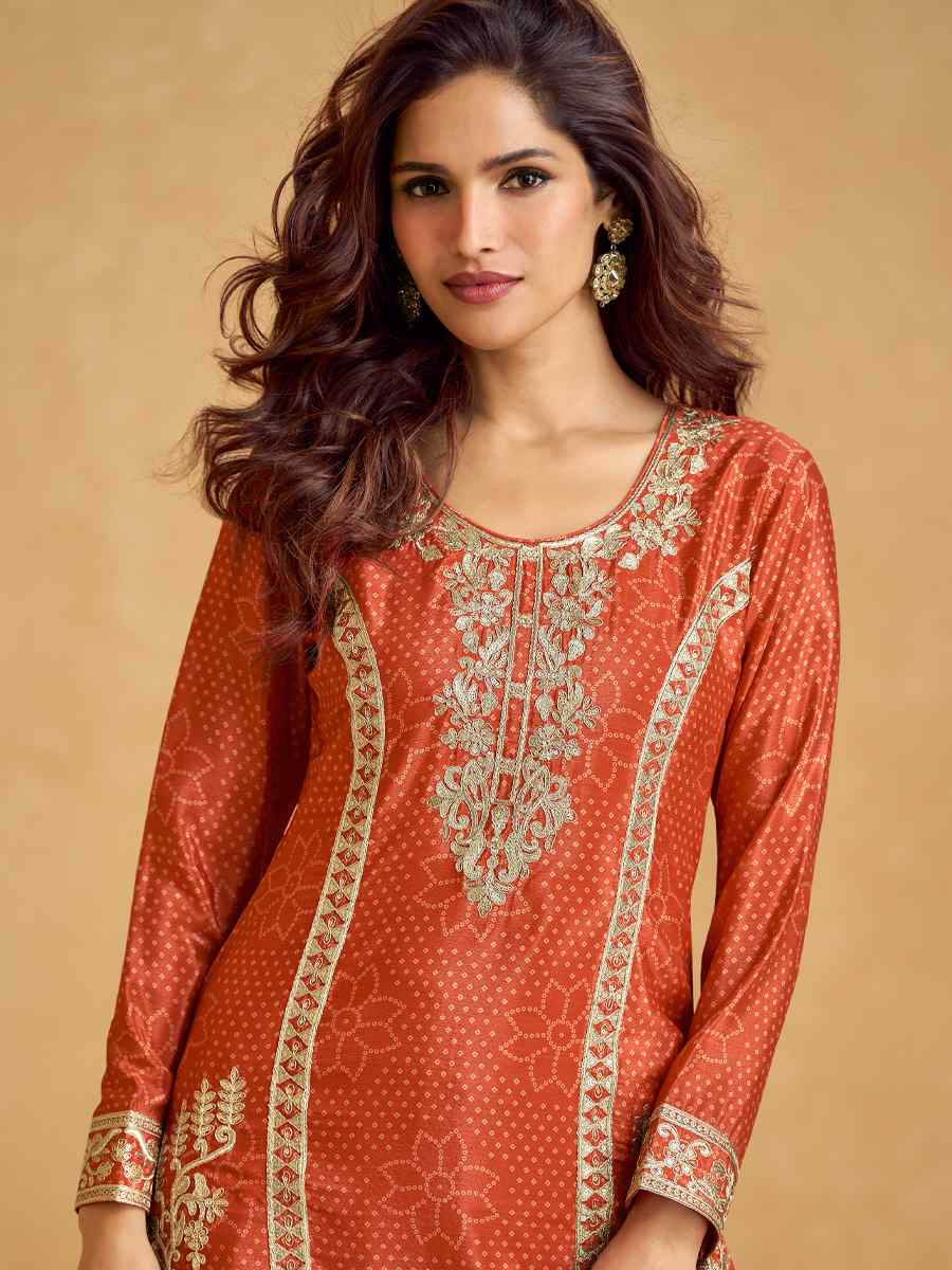 Orange Premium Chinon Silk Embroidered Festival Wedding Ready Sharara Pant Salwar Kameez