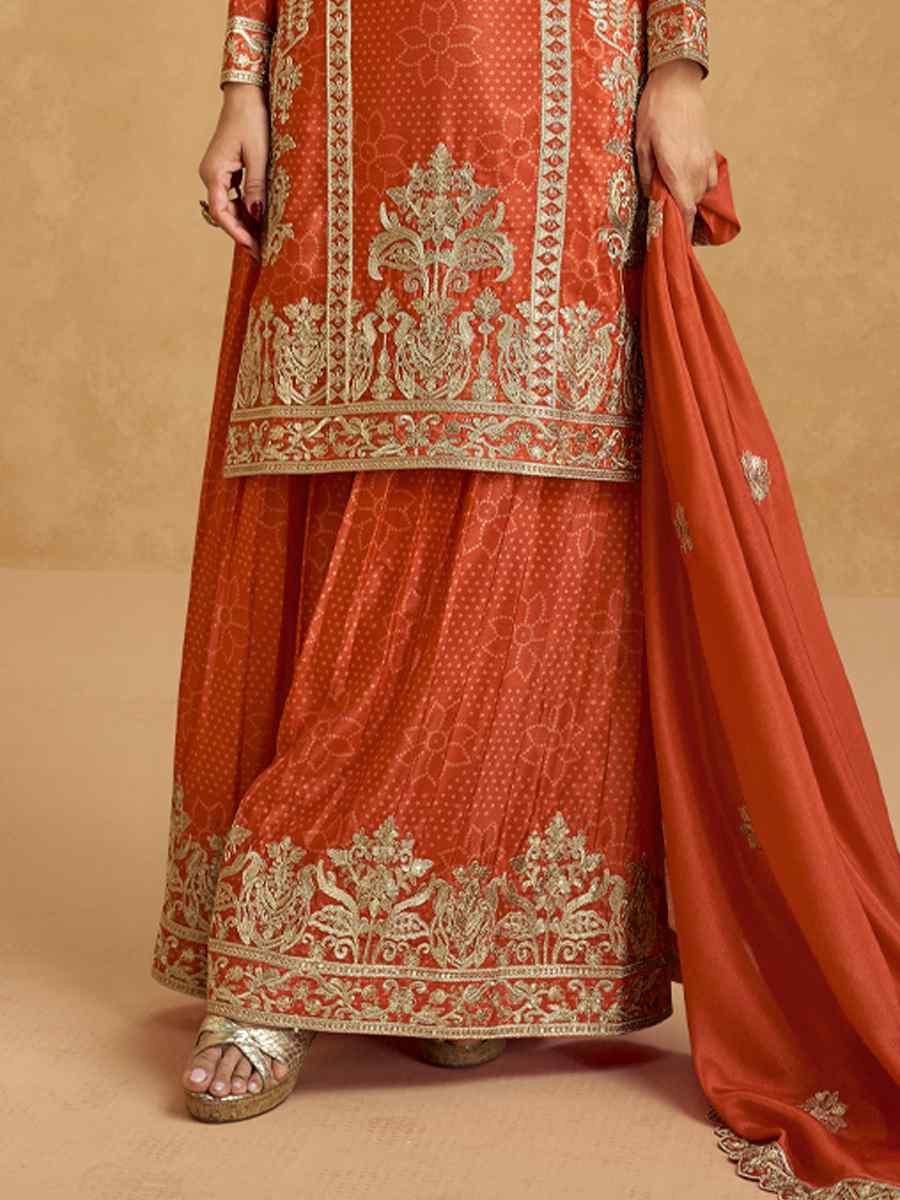 Orange Premium Chinon Silk Embroidered Festival Wedding Ready Sharara Pant Salwar Kameez