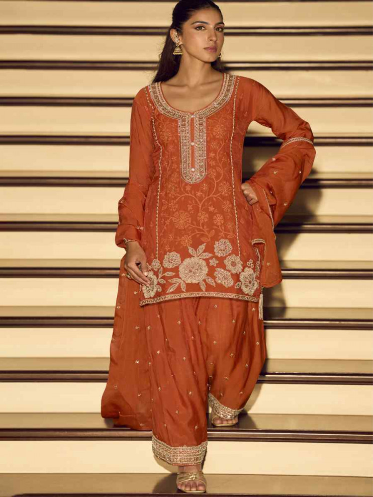 Image of Orange Premium Chinon Silk Embroidery Party Wedding Festival Casual Ready Palazzo Pant Salwar Kameez