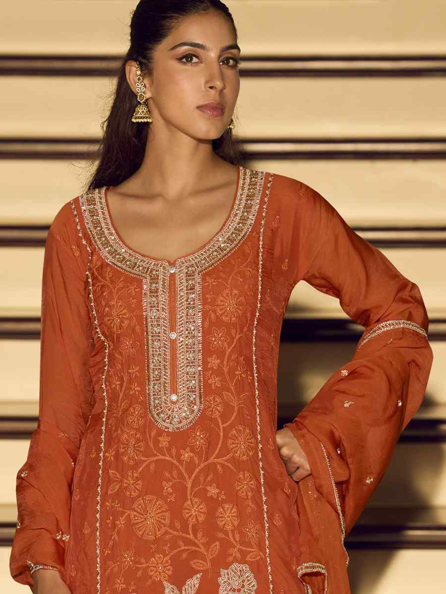Orange Premium Chinon Silk Embroidery Party Wedding Festival Casual Ready Palazzo Pant Salwar Kameez