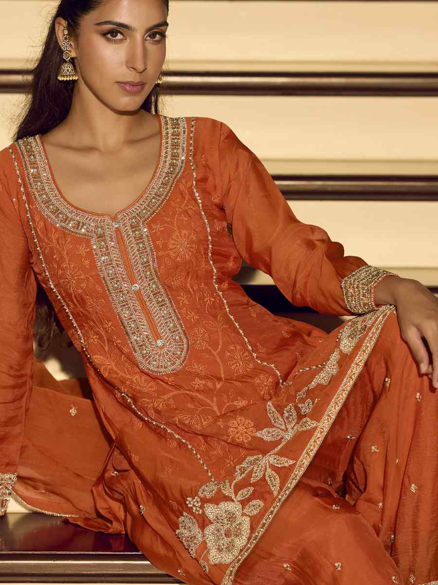 Orange Premium Chinon Silk Embroidery Party Wedding Festival Casual Ready Palazzo Pant Salwar Kameez