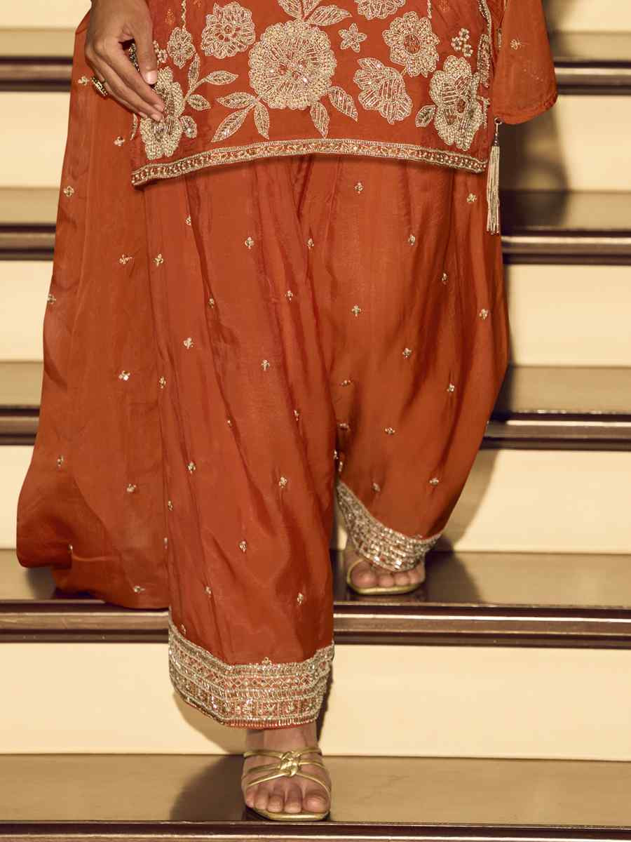 Orange Premium Chinon Silk Embroidery Party Wedding Festival Casual Ready Palazzo Pant Salwar Kameez