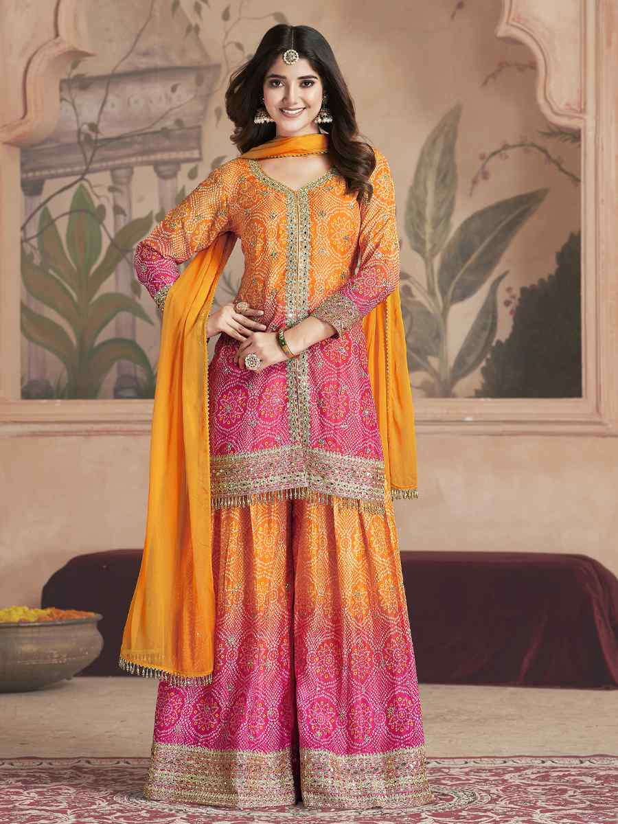 Orange Premium Feel Chinnon Bhandej Print Embroidery Party Wedding Festival Casual Ready Palazzo Pant Salwar Kameez