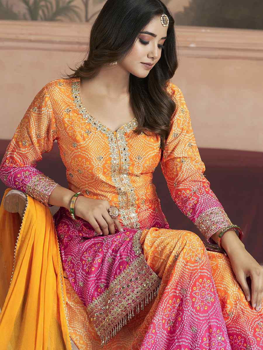 Orange Premium Feel Chinnon Bhandej Print Embroidery Party Wedding Festival Casual Ready Palazzo Pant Salwar Kameez